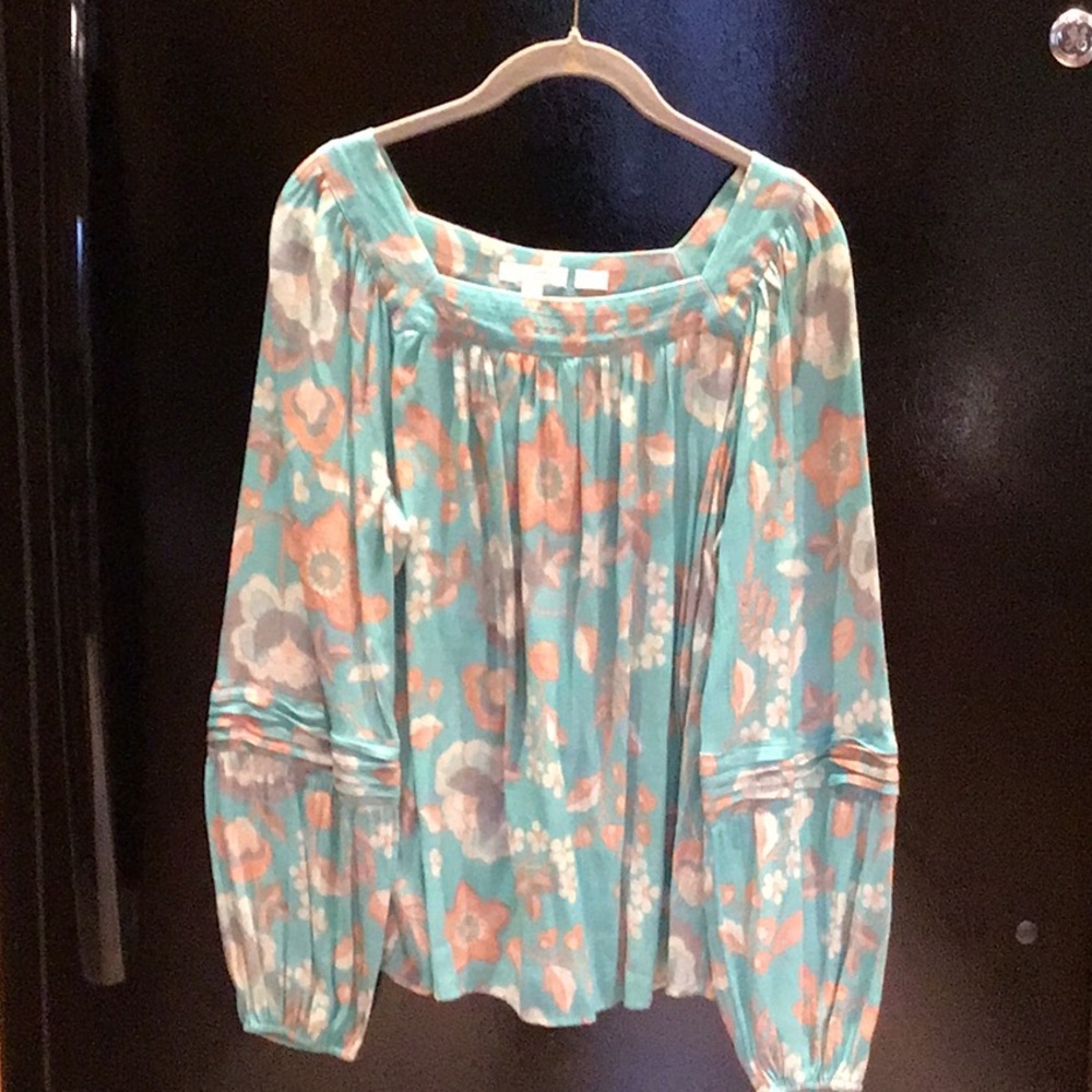 LC Lauren Conrad Green and Orange Pleated Long Sleeve BlouseLC Lauren ConradSpri